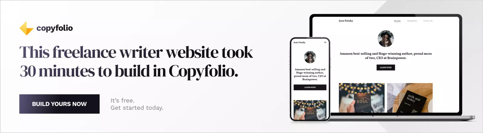 Banner saying: this freelance writer website took 30 minutes to build in Copyfolio. Build yours now!