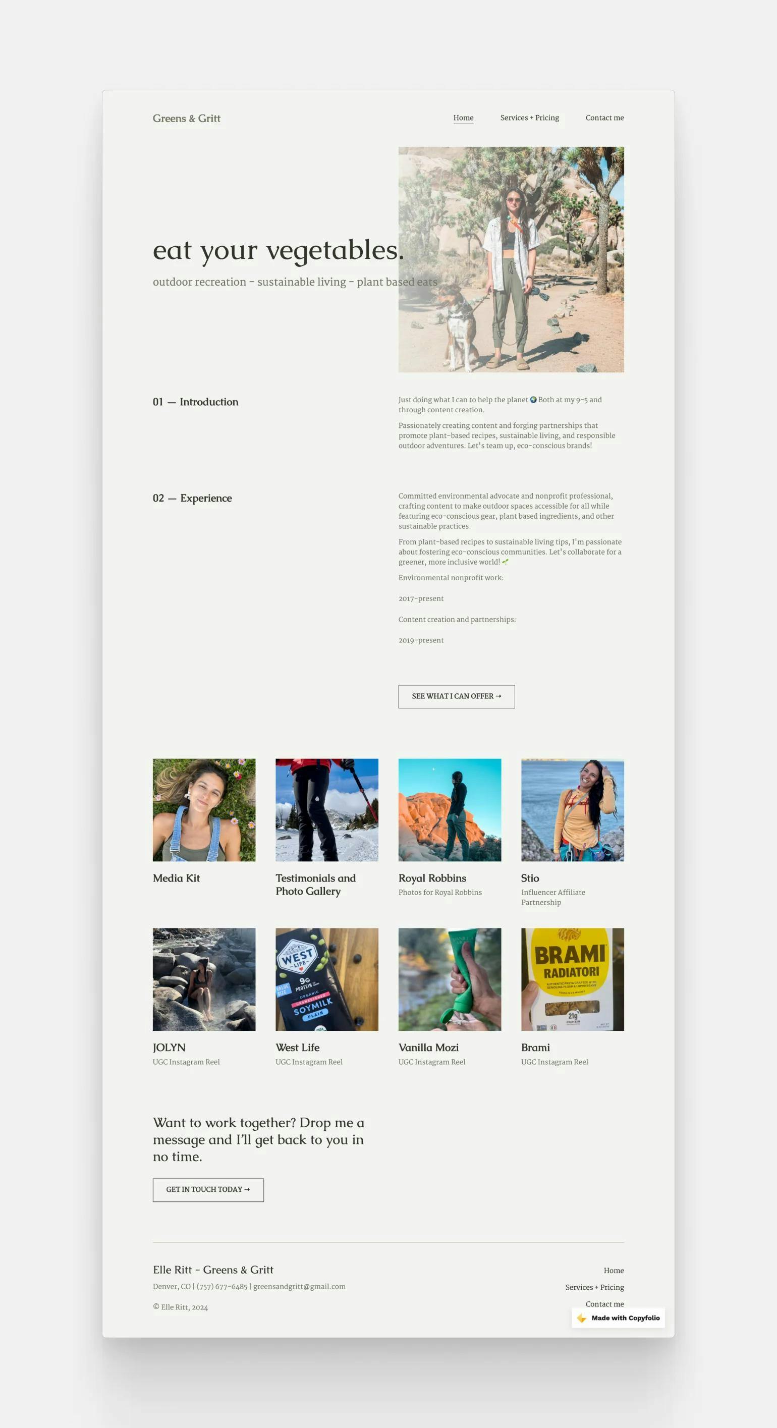 A UGC portfolio website called Greens & Gritt, created by Erin Ritt with Copyfolio
