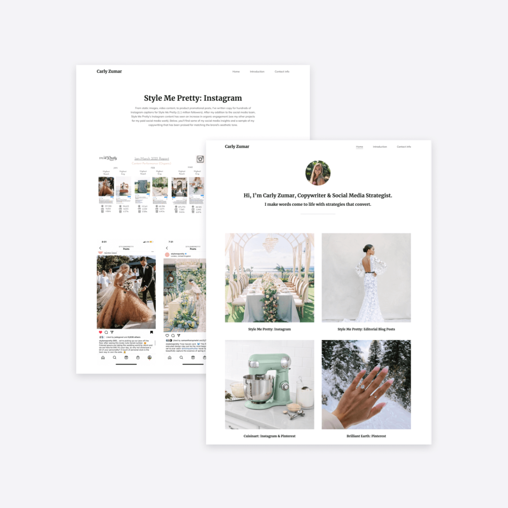 The social media portfolio website of Carly Zumar, made with Copyfolio's Letterpress template