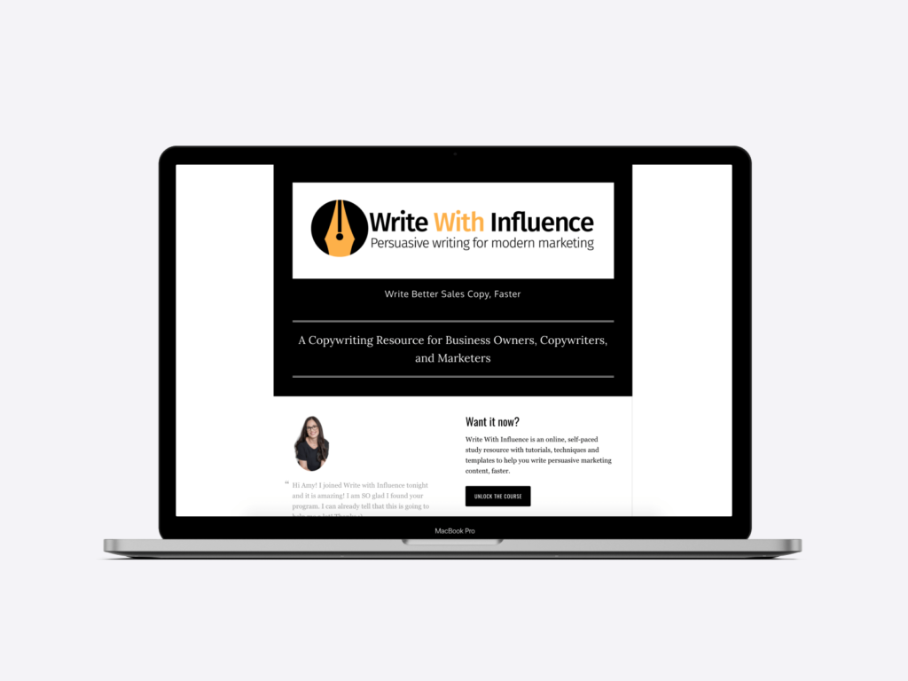 Screenshot of the website of copywriter Amy Harrison's online course: Write With Influence.