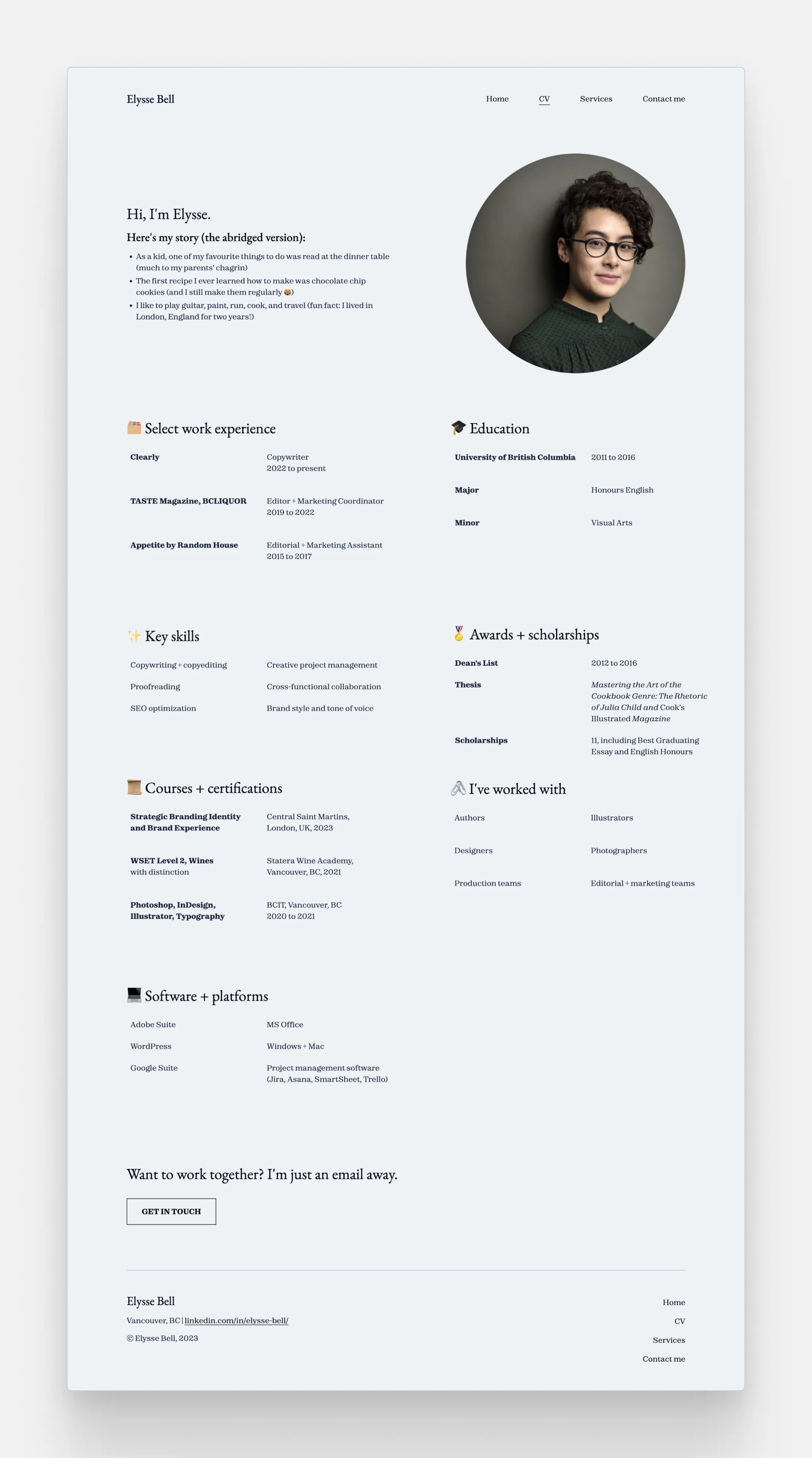 The about me page of Elysse Bell, made with Copyfolio, featuring her copywriter resume