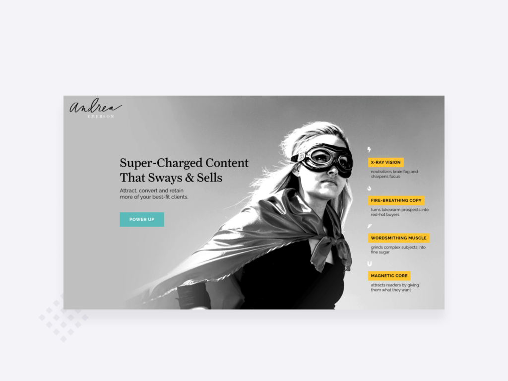 Screenshot of the content writer website of Andrea Emerson