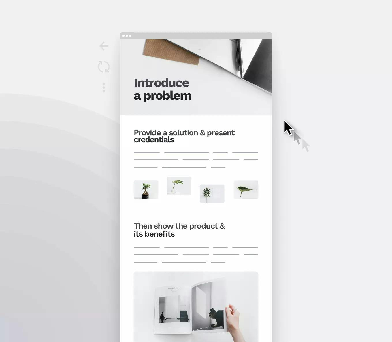A sales page sample template that shows how to write and structure one: introduce a problem the customer is facing, provide a solution, and show the product and its benefits.