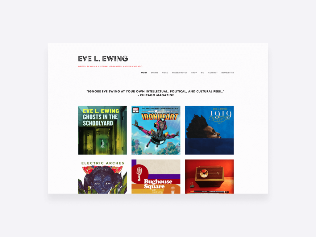 writing portfolio examples - screenshot of eve l. ewing's portfolio