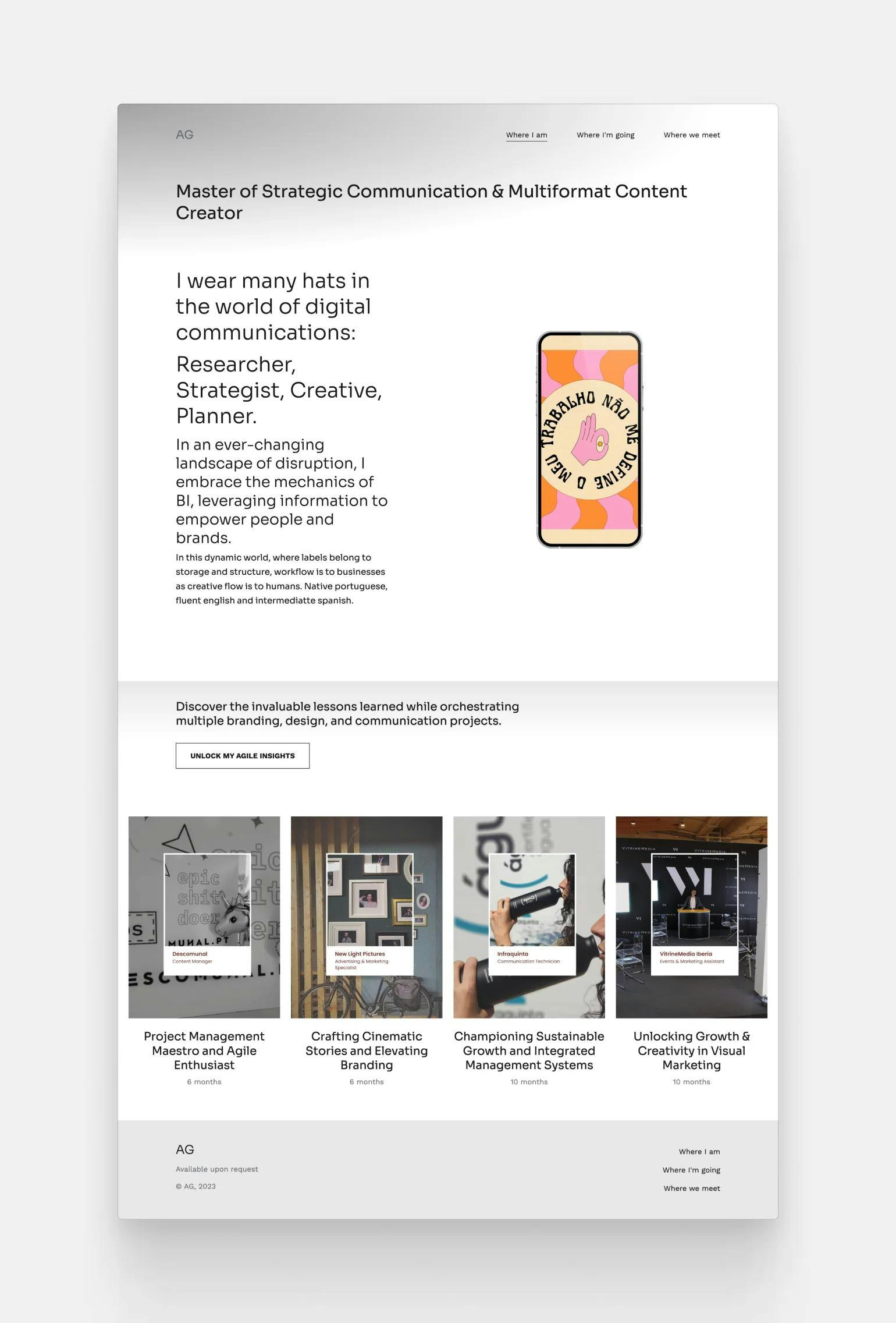 A communications and content creator portfolio, made with Copyfolio by Ana Grilo
