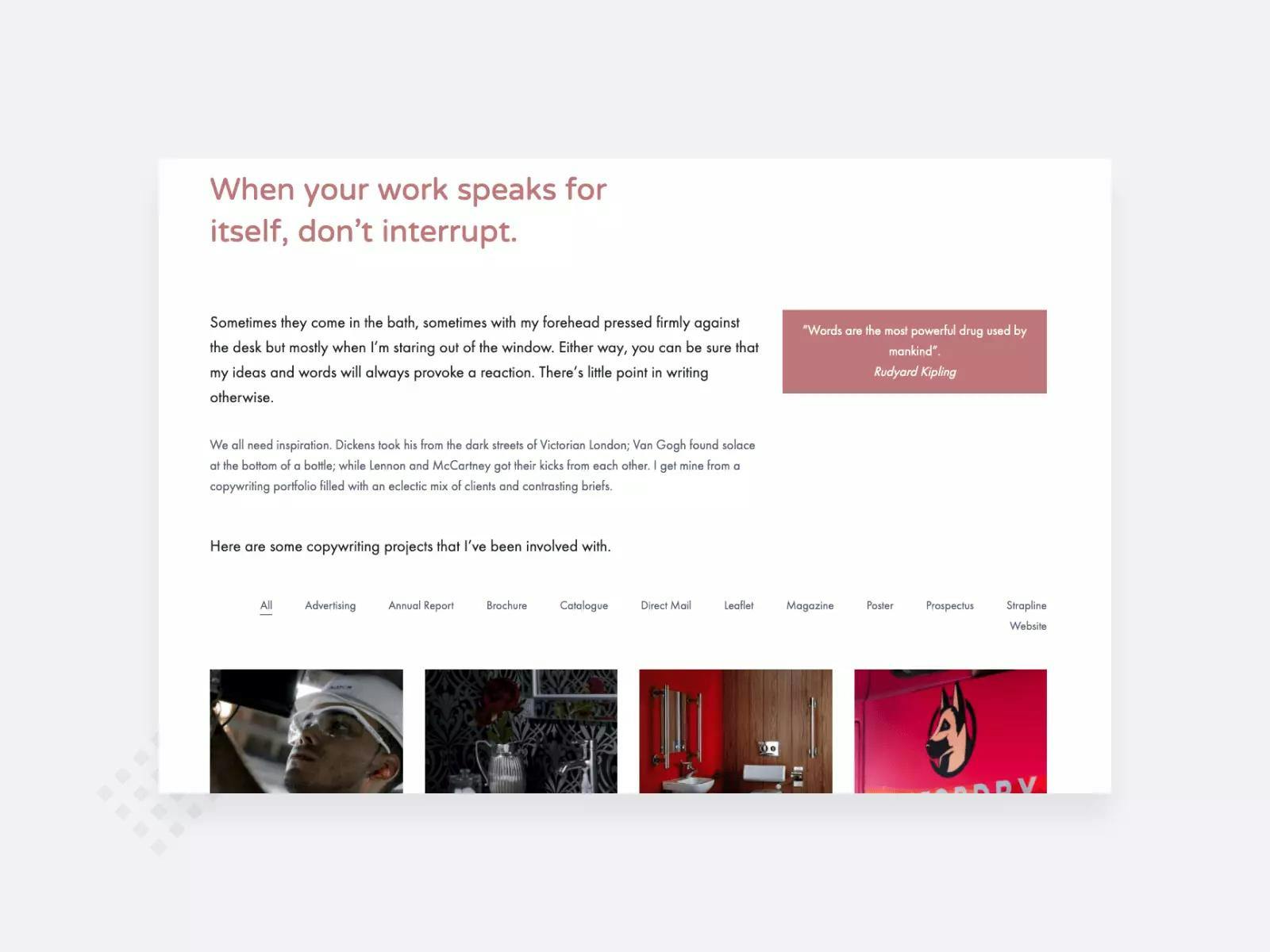 Tom Rigby's copywriting portfolio with filters to find copywriting samples and projects more easily
