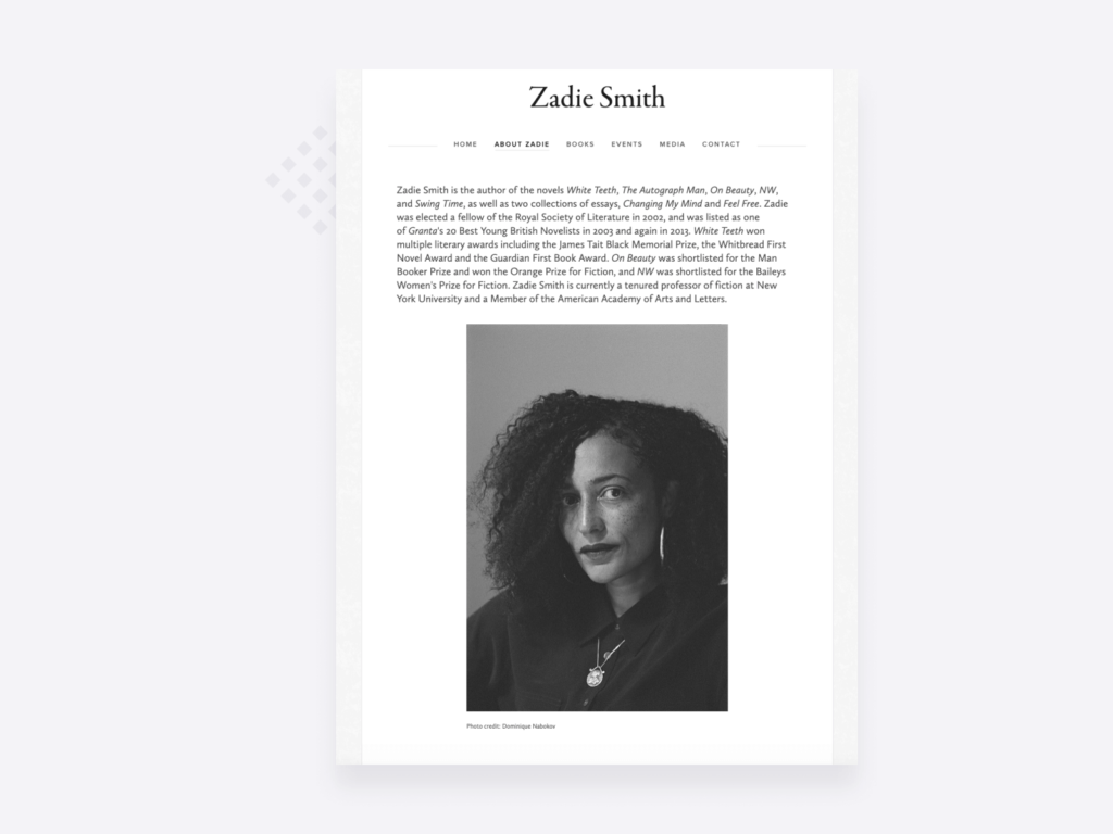 Screenshot of the about page of bestselling author Zadie Smith on her writer website