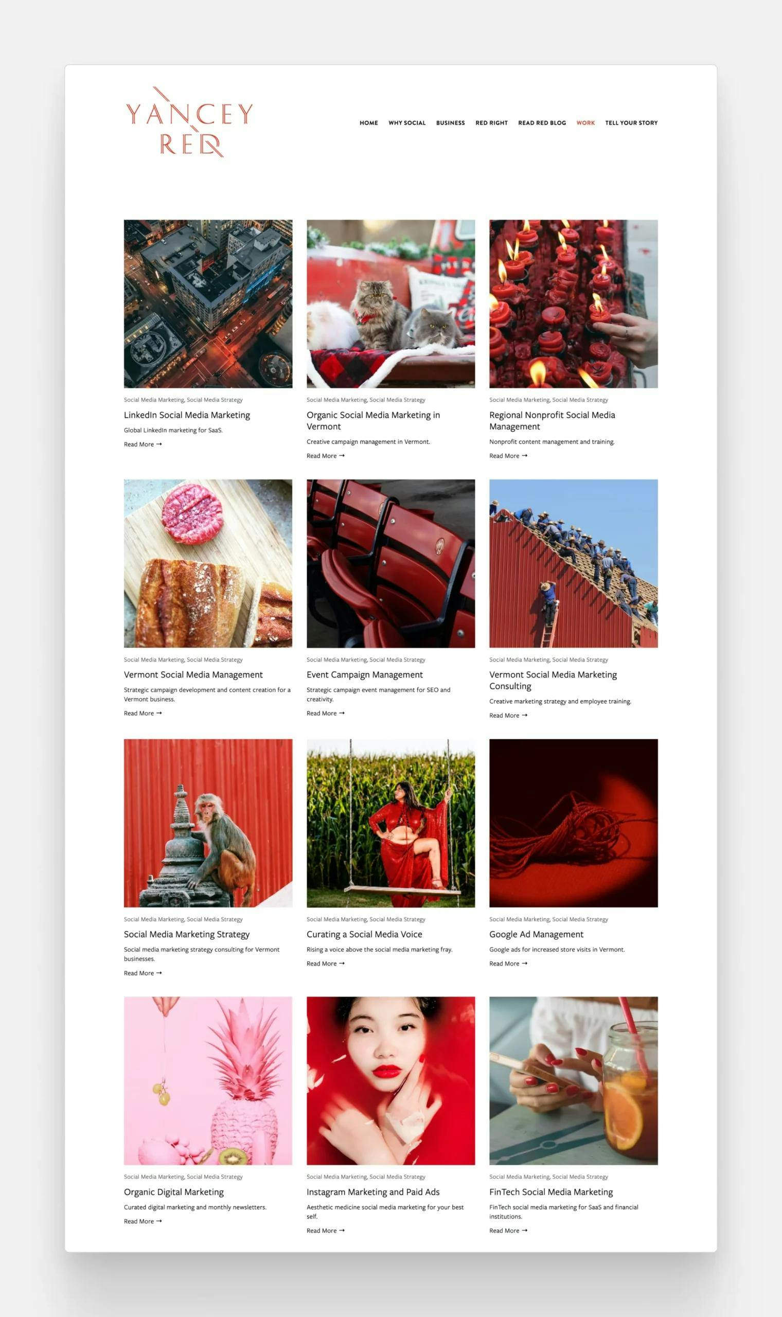 The portfolio page of Yancey Red social media agency