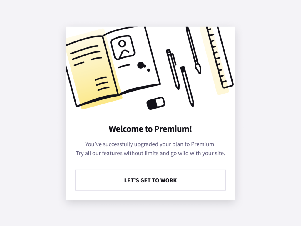 An example of on-brand microcopy from Copyfolio: the welcome to premium window. It says: 