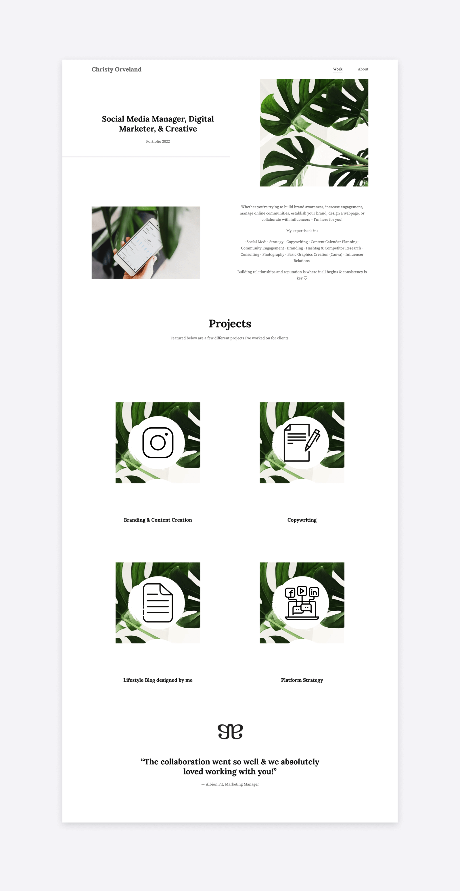 The portfolio website of Christy Orveland, featuring a white background and custom thumbnails with monstera leaves on them