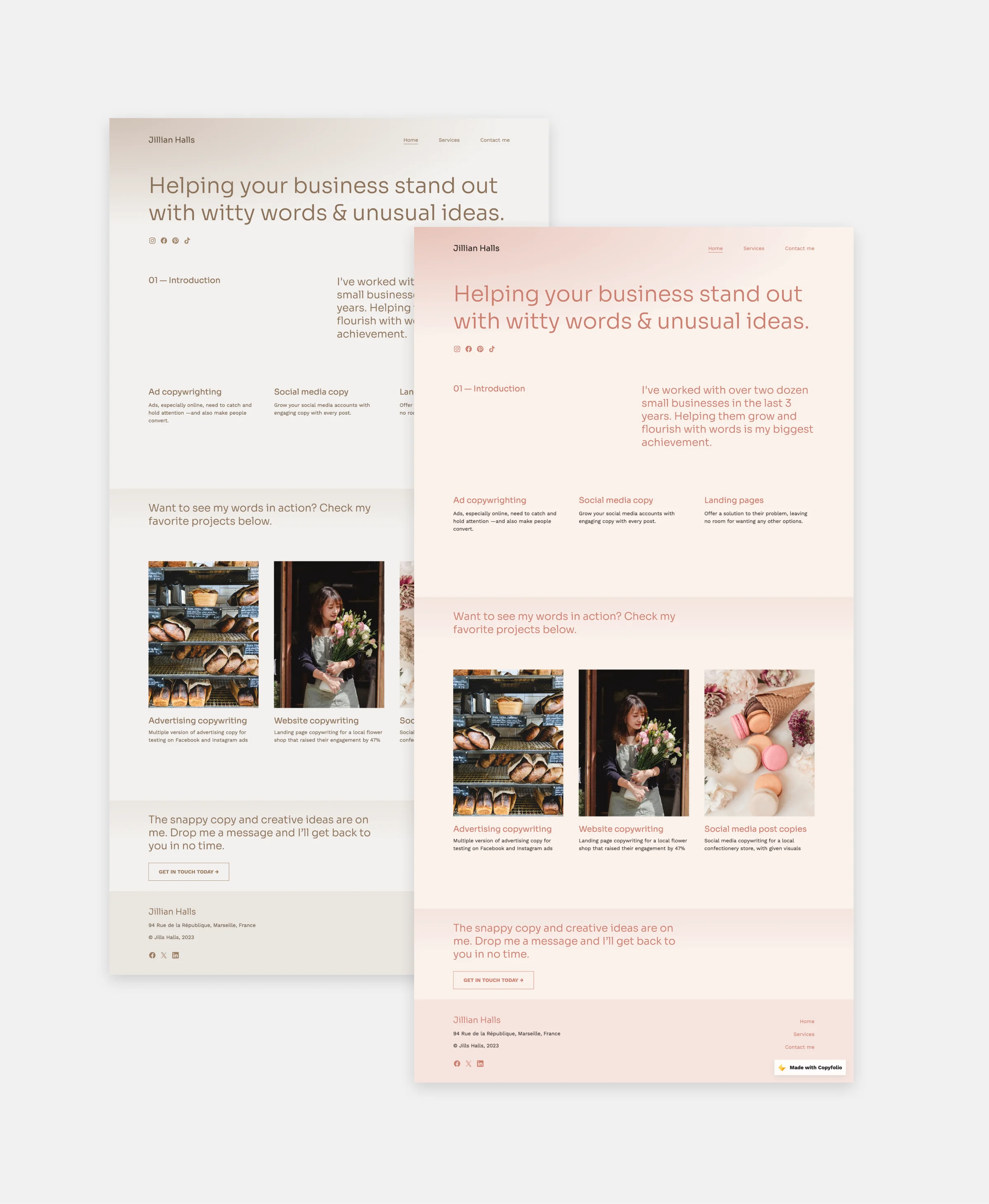 Copyfolio's "Leaflet" portfolio template, shown with its default color palette and another, beige-brown option.