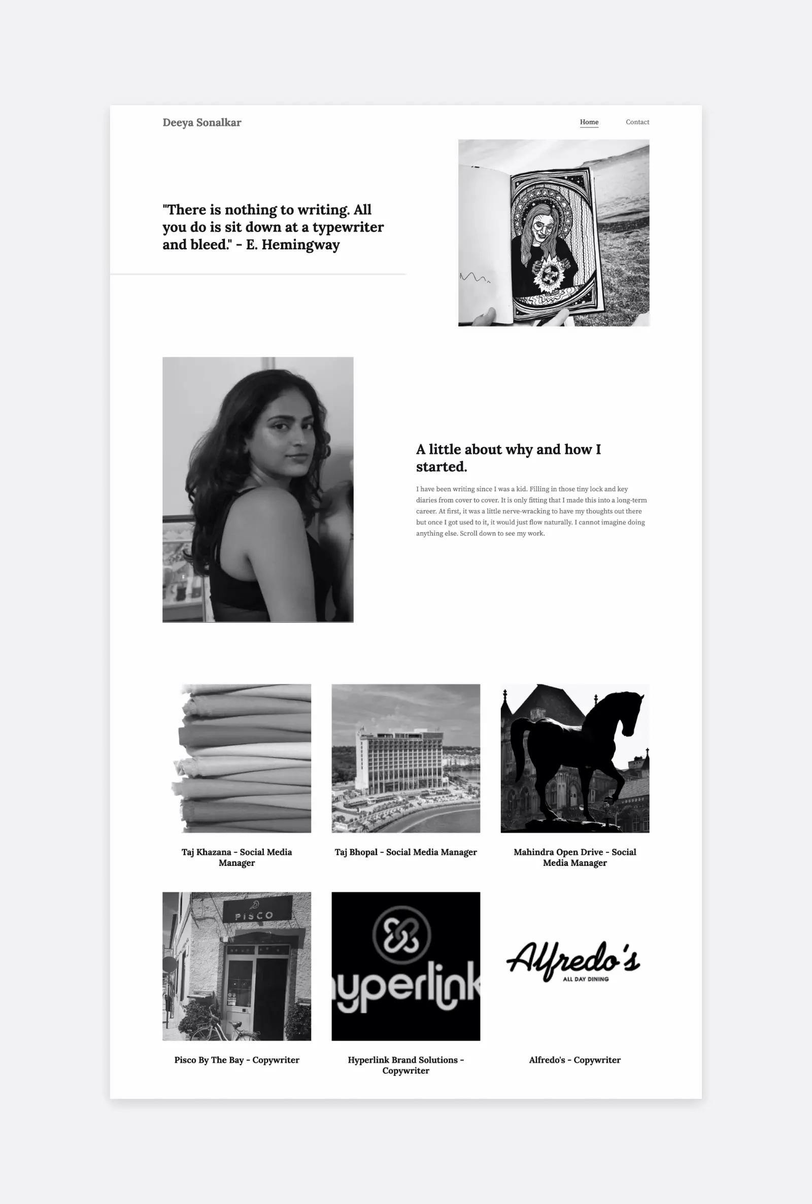 Screenshot of the black and white portfolio website of creative writer Deeya Sonalkar