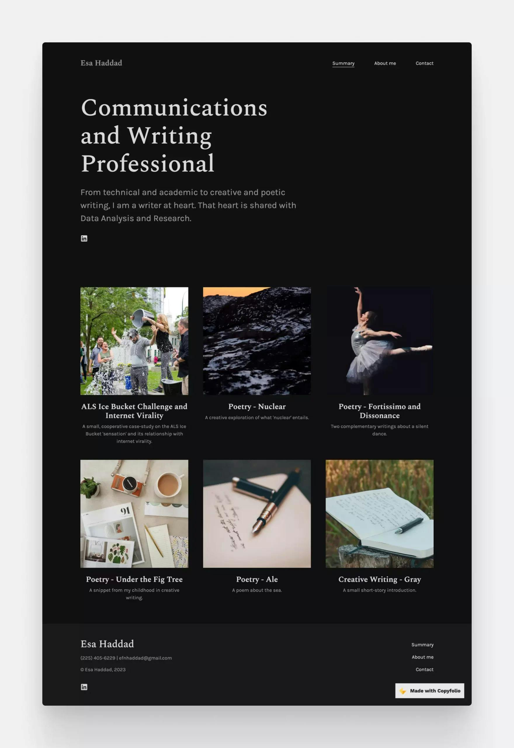 The creative writing portfolio of communications and writing professional Esa Haddad