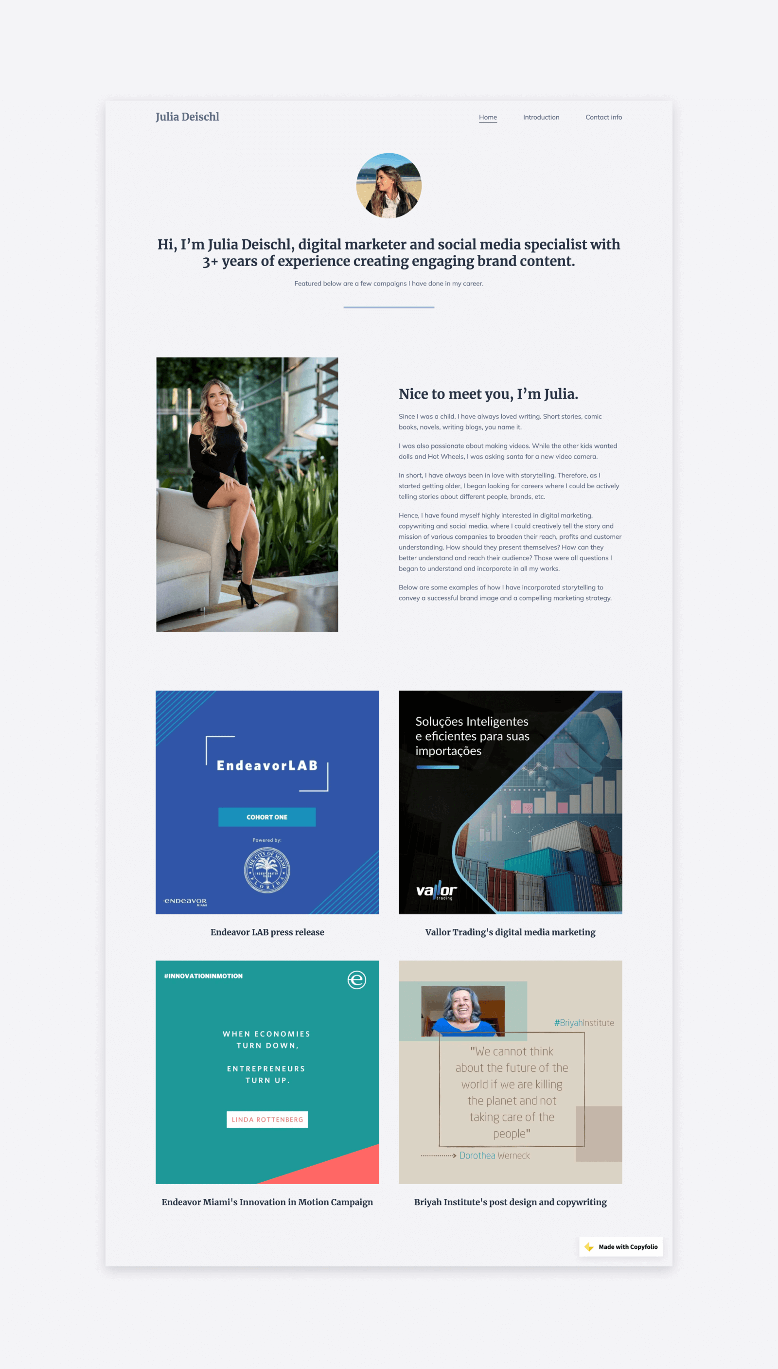 A portfolio website with a profile picture, tagline, about me section with a photo, and marketing projects showcased in a grid