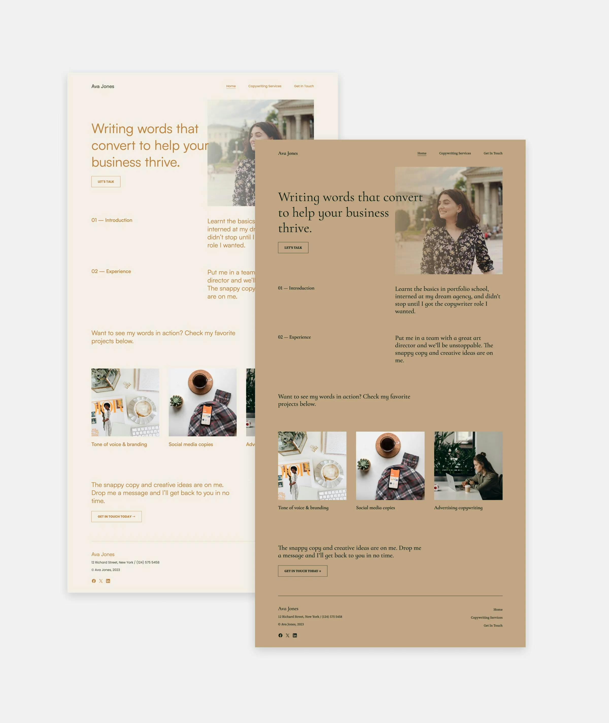 Copyfolio's "Premier" portfolio template, shown with two different color palettes and font presets.