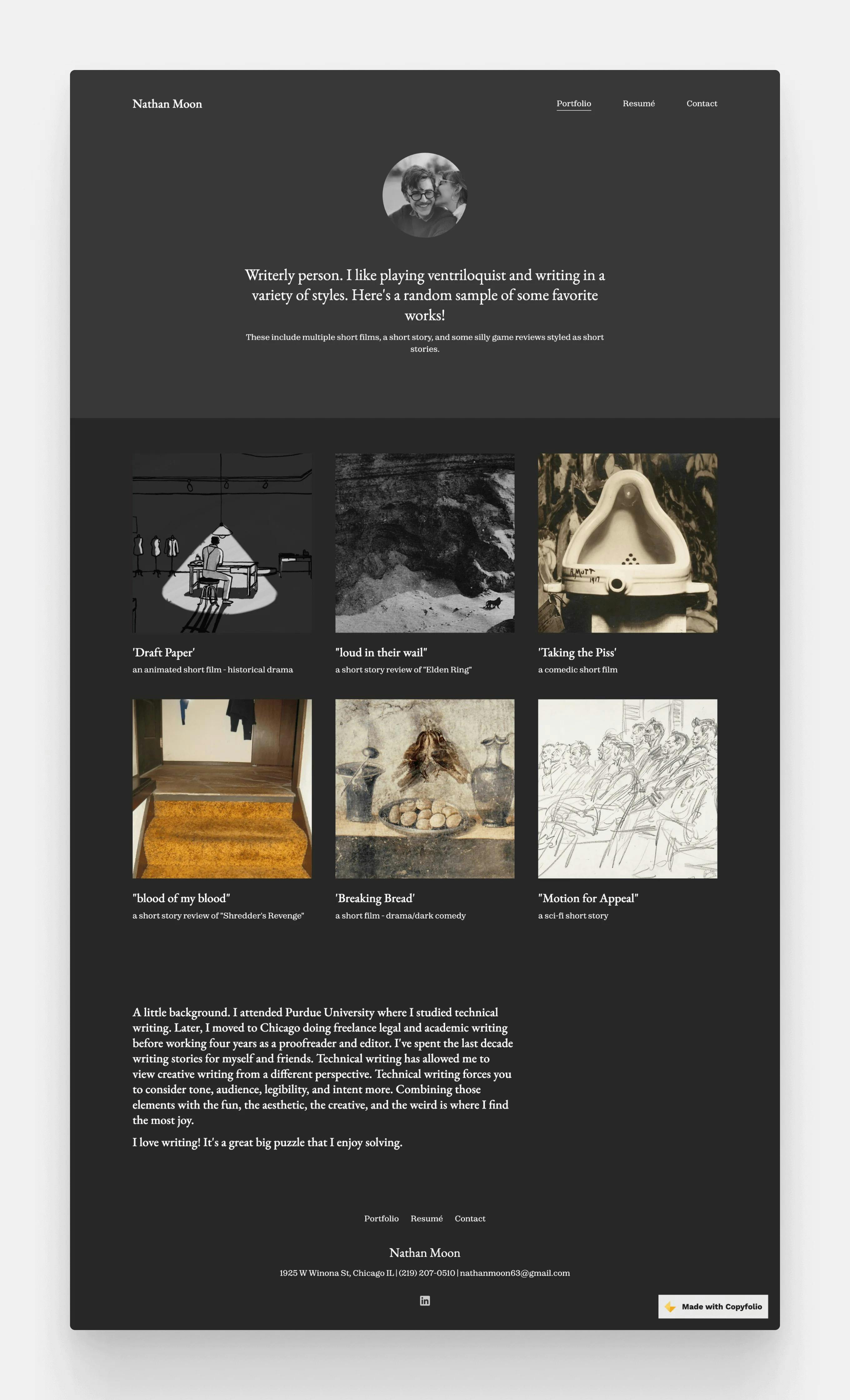 A creative writing portfolio website made by Nathan Moon with Copyfolio, featuring a dark charcoal grey background and six writing samples