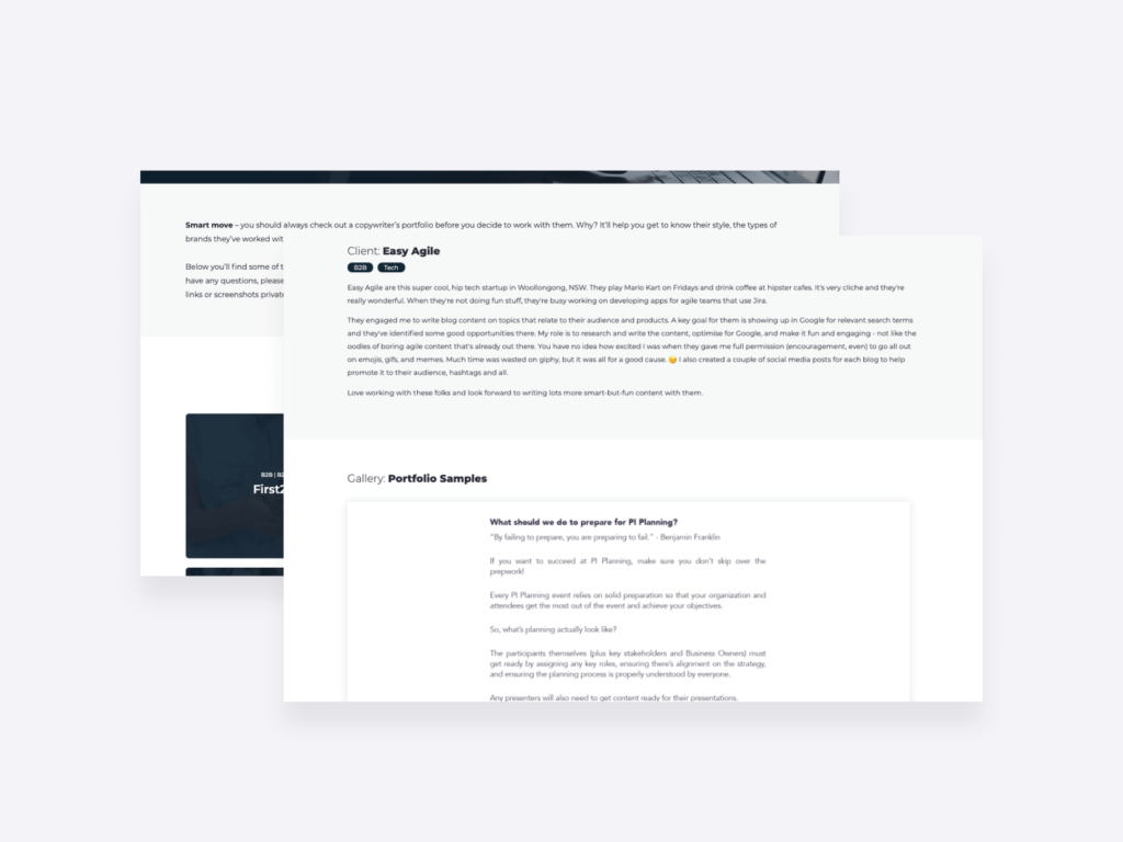 case studies for content writing samples, displaying the finished results as screenshots.
