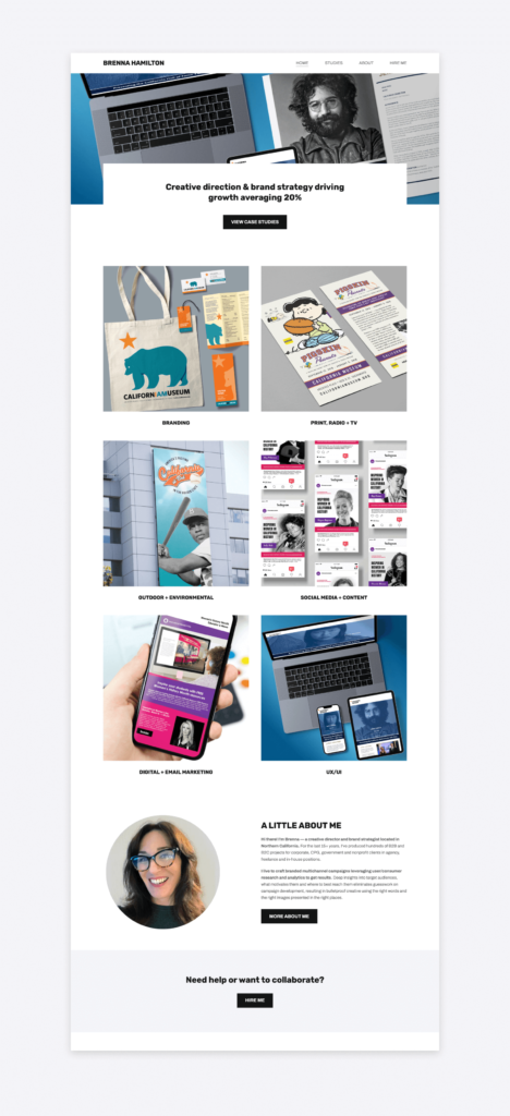The portfolio of creative director Brenna Hamilton, featuing colorful thumbnails with mockups for her advertising projects