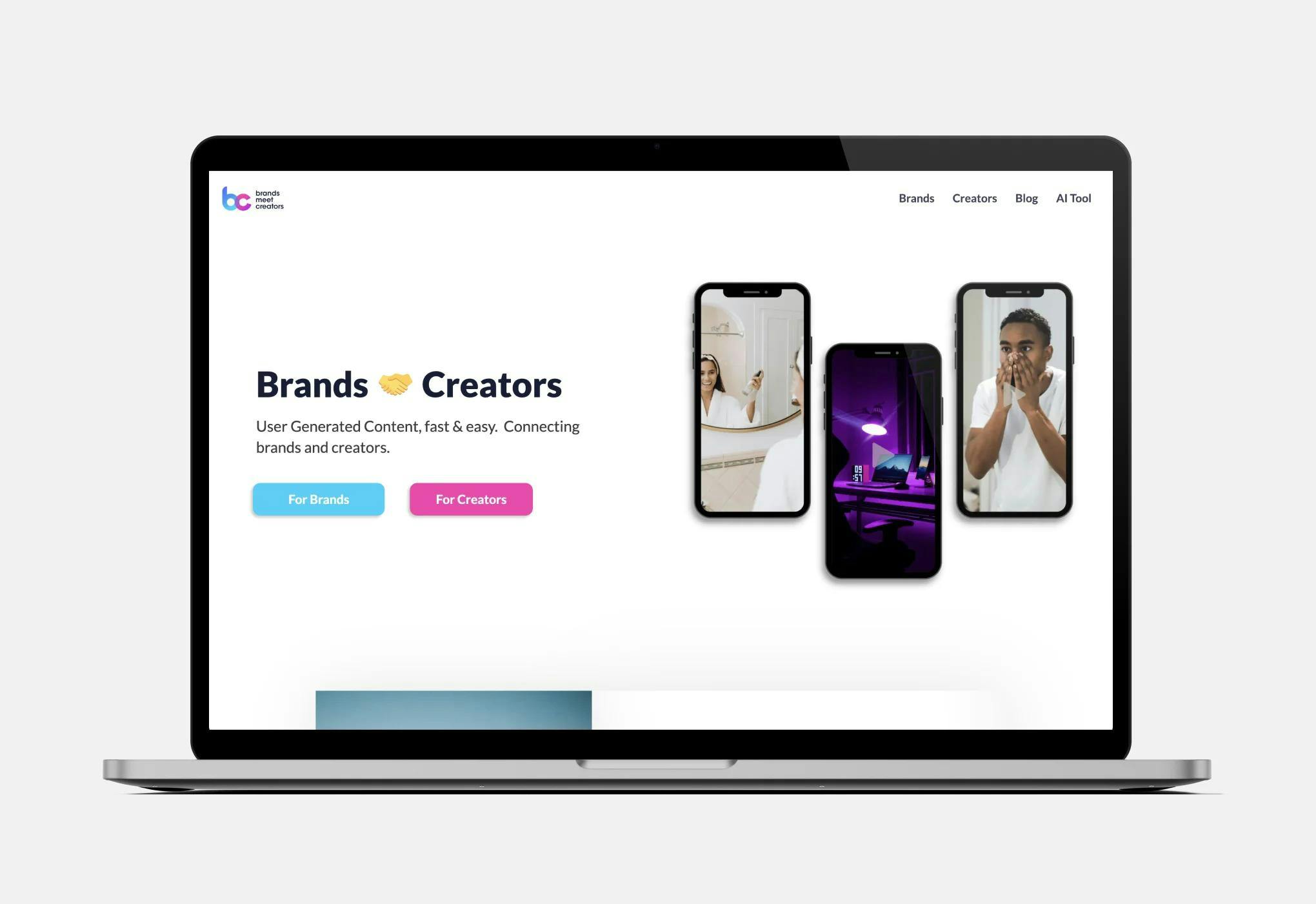 The homepage of UGC platform Brands Meet Creators