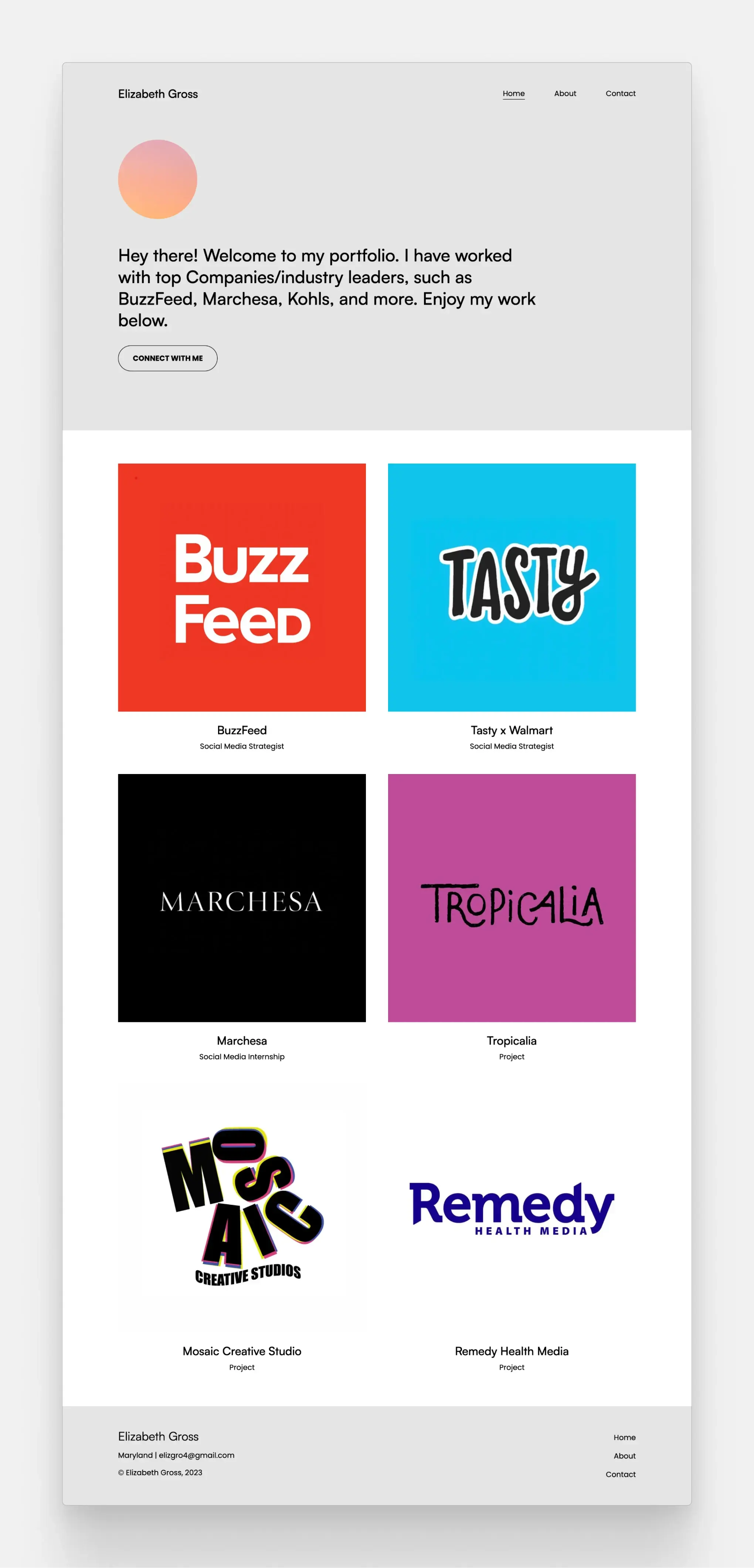 The social media portfolio website of Elizabeth Gross, featuring project thumbnails on the homepage, of well-known brands like BuzzFeed, Tasty, or Marchesa.