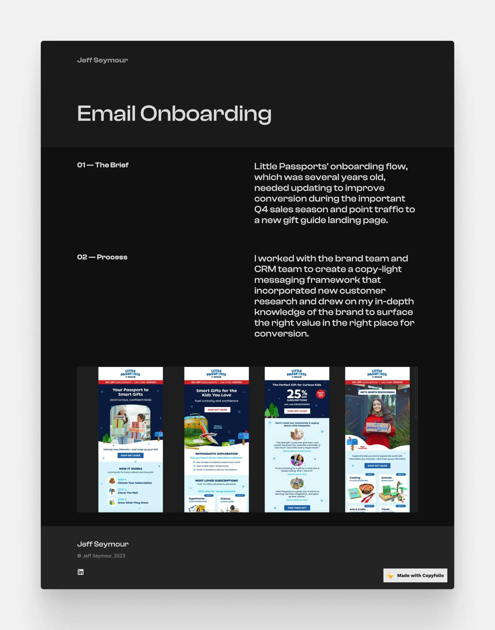 A dark themed copywriting case study, written by Jey Seymour about an email onboarding project he did.