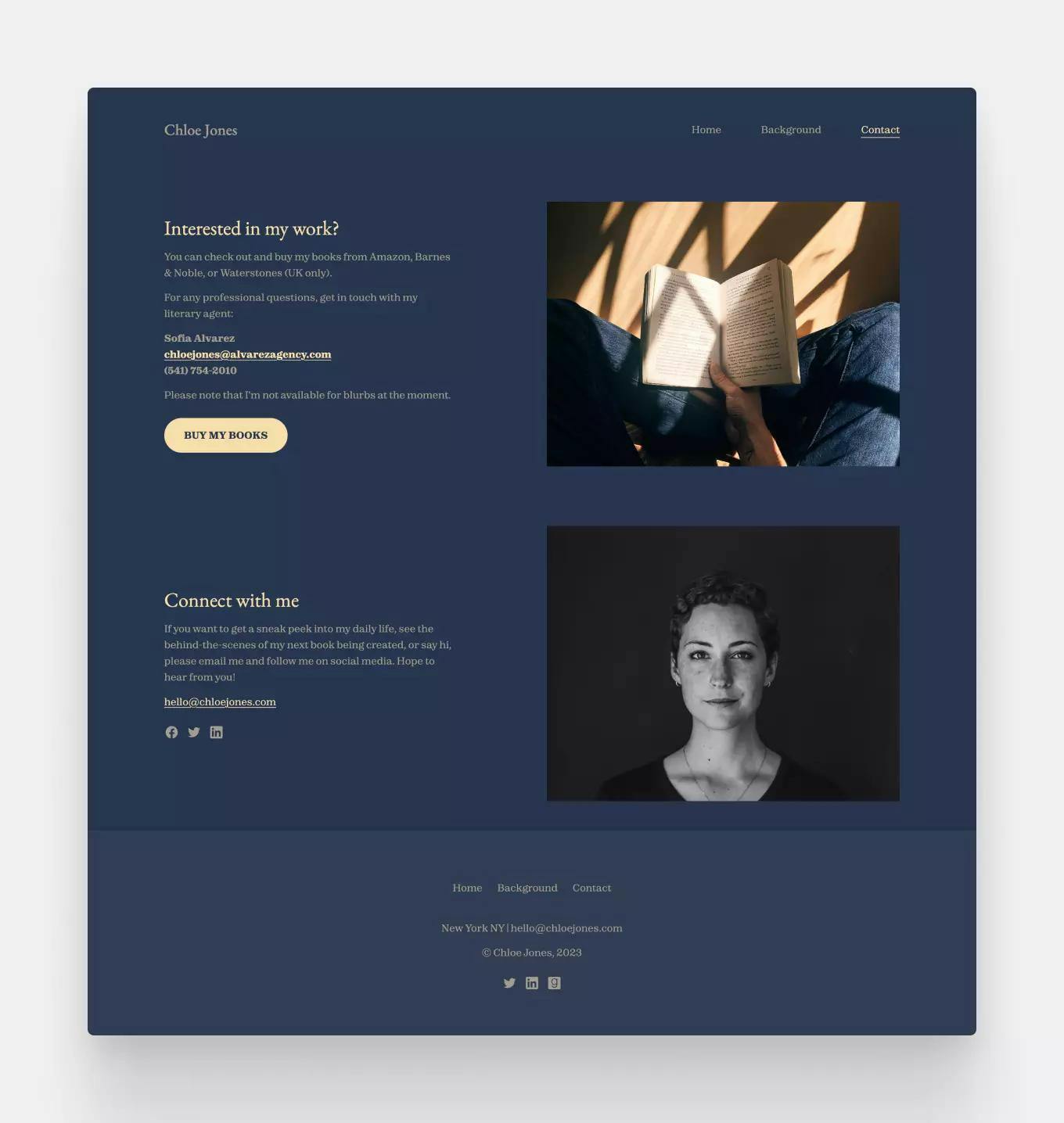 example of the contact page of Copyfolio's author website template