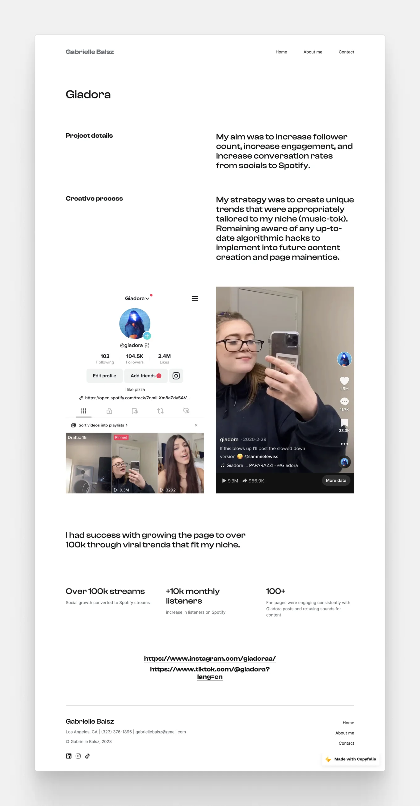 the social media case study of Gabrielle, for her personal singing brand Giadora, and the work she did for it on TikTok