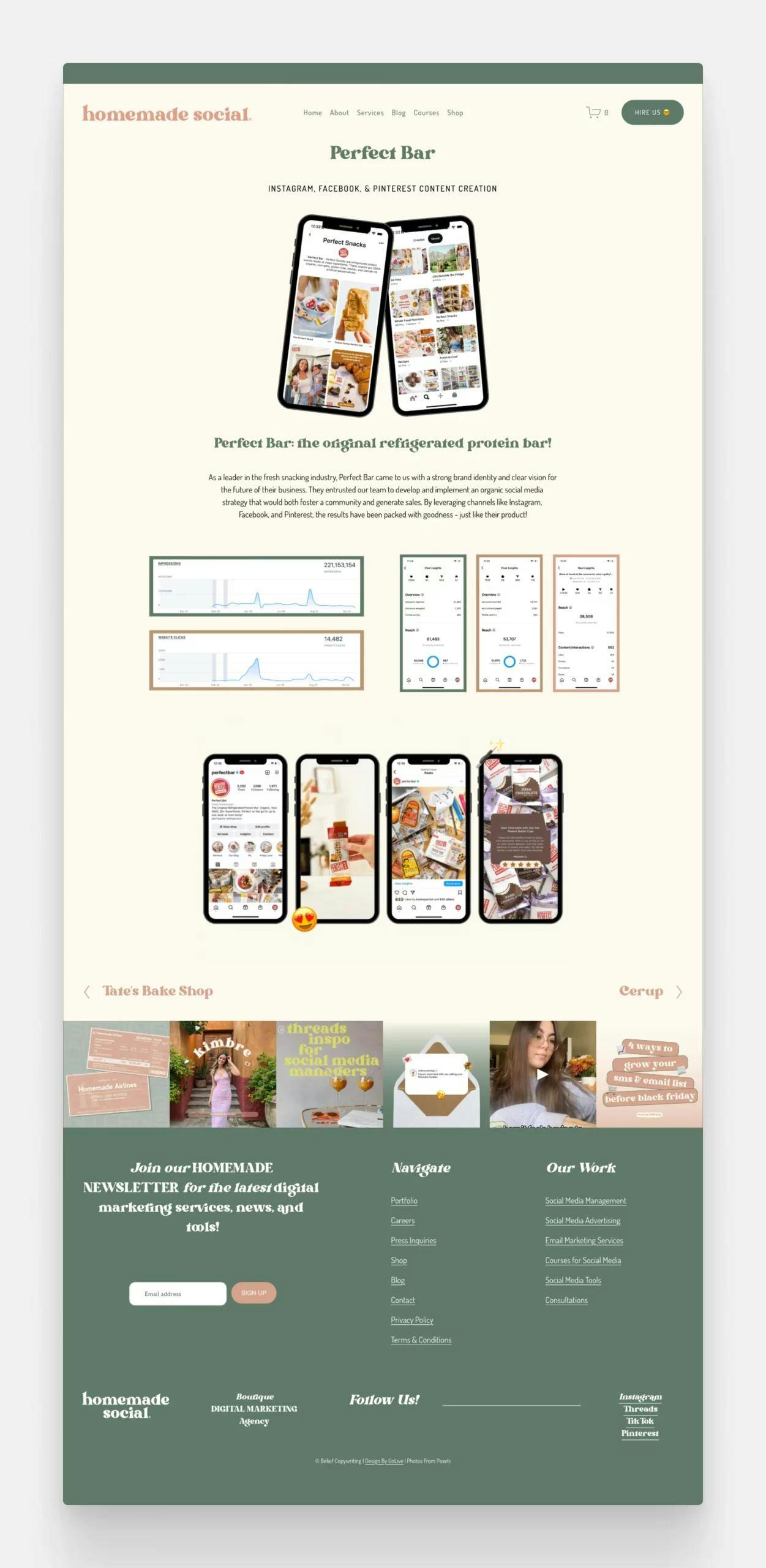 A social media case study page written about a project titled "Perfect Bar", which included content creation for Instagram, Facebook, and Pinterest