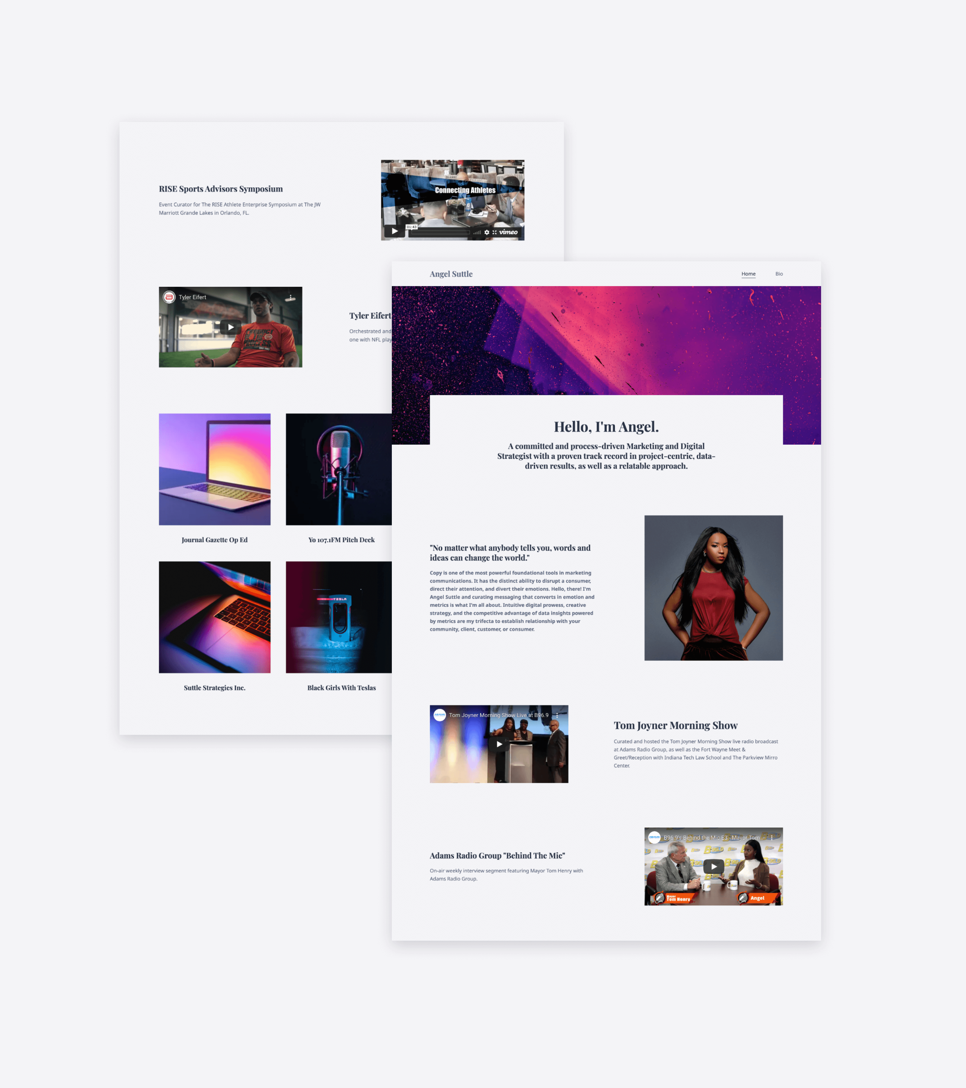 Angel Suttle's portfolio website, showcasing her best projects with vibrant thumbnails that pop on the white background